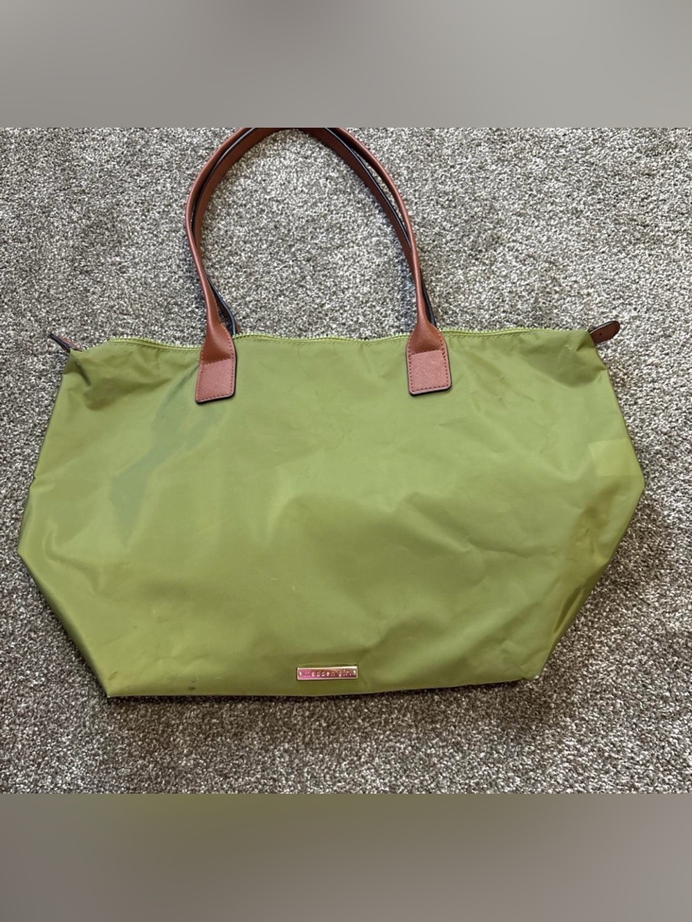 Olive Green Tote Bag with Brown Handles - Unbranded